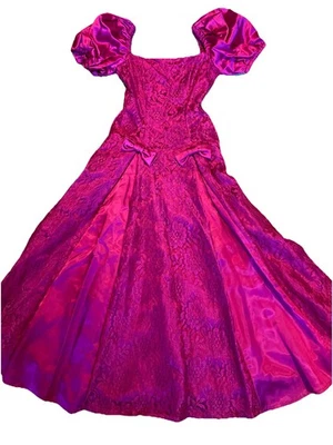 Vintage 80s Satin & Lace Gown Prom Bridesmaid & Headband Sz 2 Fuschia Bridgerton - Image 1 of 4