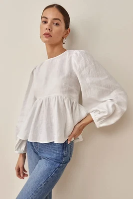 Blusa Babydoll Reformation Rumi Top de Lino Blanco Manga Globo Peplum Talla Pequeña Foto 1 de 4
