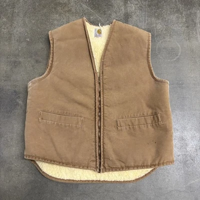 1970s Vintage Carhartt Duck Brown Zip Up Vest Sherpa Lined 2 Pocket Size Large - Image 1 of 4