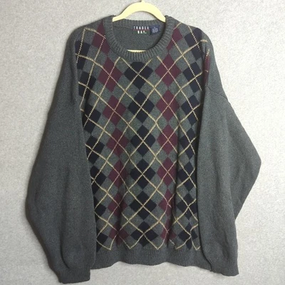 Vintage Mens XL Argyle Sweater Gray Knit Pullover Classic Oversized Retro Preppy - Image 1 of 4