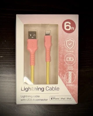 NEW Orbit Innovations iPhone Cable Braided 6ft USB-A To MFi PINK YELLOW NIB - Image 1 of 4
