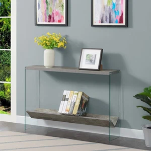 Console Table Faux Birch Tempered Glass Slanted Bottom V-Shelf Living Room Decor - Picture 1 of 6