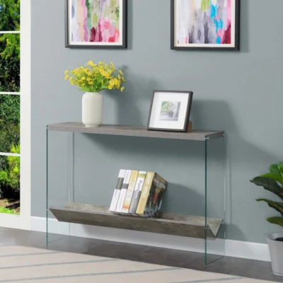 Console Table Faux Birch Tempered Glass Slanted Bottom V-Shelf Living Room Decor - Image 1 of 4