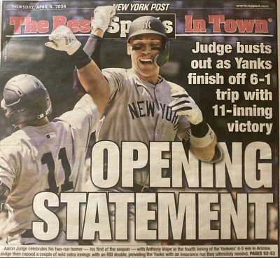 ⚾️🏆4-4-2024**NY POST** MLB NY YANKEES OPENING DAY COVER PAGE/ARTICLE(A. JUDGE) - Image 1 of 4