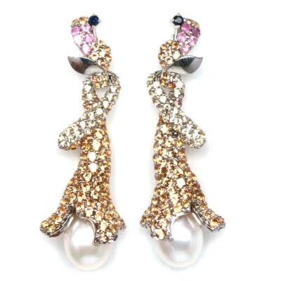 925 Sterling Silber Weiße Perle, Peridot, Citrin & Saphir Ohrringe - Bild 1 von 4