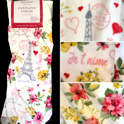 Envogue Paris Throw Blanket Eiffel Tower Floral Je t'aime Love Key Hearts 60x70 - Image 1 of 4