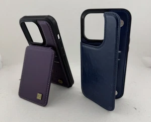 2x Case iPhone 15 Pro Faux Leather Magnetic Card Wallet Holder - Purple & Blue - Picture 1 of 12