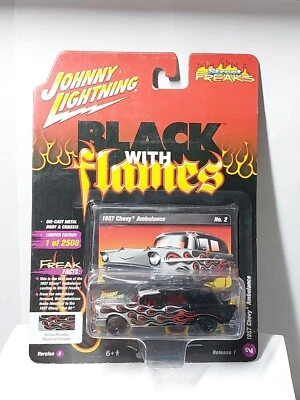 Johnny  Lightning 1/64 🇨🇵  1957 Chevy Ambulance #2, Serie Black With Flames - Photo 1/4