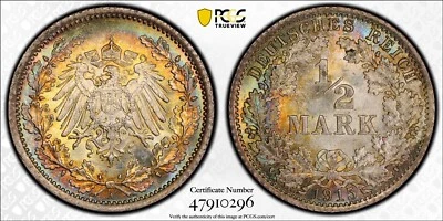 PCGS MS65 1915-A German 1/2Mk Half Mark Germany-Empire Beautifully Toned - Image 1 of 3