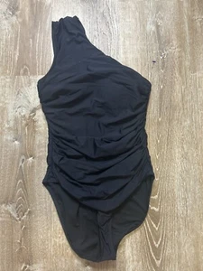 J Crew Badeanzug Damen 8 schwarz einfarbig ein Schulter Einteiler gerafft Schlankmacher - Bild 1 von 8