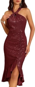 Sequin Halter Midi Cocktail Dress - Wine Red - Medium - NWT - Picture 1 of 3