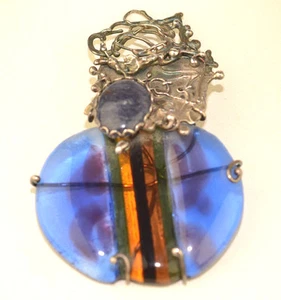 VINTAGE 1980s LARGE STERLING SILVER HANDWROUGHT MODERN ART AGATE & ART GLASS PIN - Picture 1 of 8