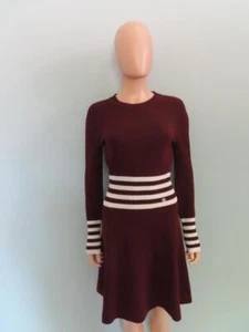 CHANEL Burgundy/Ecru Stripe 100% Cashmere Sweater Dress Size F 38/US 6 - Picture 1 of 12
