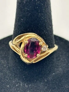 10K Yellow Gold Rhodolite Garnet & Diamond Ring Size 8 - Picture 1 of 9