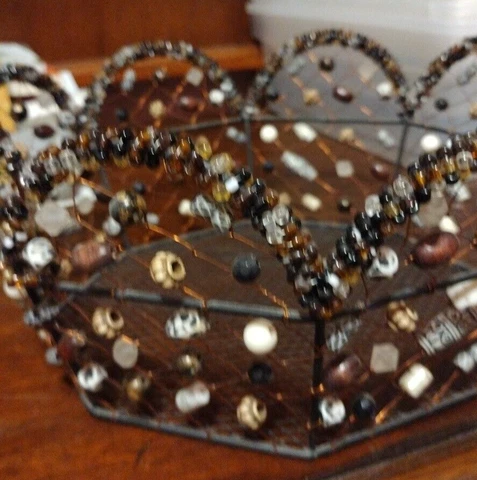 Wire Beaded Basket Wire Basket with Neutral Brown Orange Red Bead Accents Cover