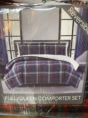 Holiday Blue Plaid 3 Piece Comforter Set Reversible Christmas Tree FULL/QUEEN - Image 1 of 4