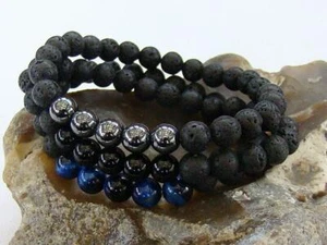 3er Set Edelstein Perlen Armbänder, Lava, Hämatit, schwarzer Achat, blaues Tigerauge - Bild 1 von 7