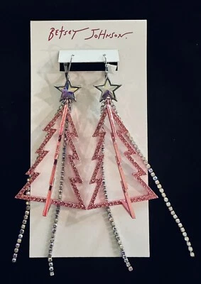 PENDIENTES COLGANTES BETSEY JOHNSON ÁRBOL DE NAVIDAD de metal rosa y rosa con joyas - Nuevos Foto 1 de 3