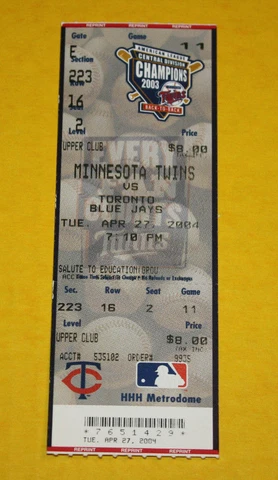 Minnesota Twins Ticket Stub | April 27 2004 | Torii Hunter Carlos Delgado Hit Cover