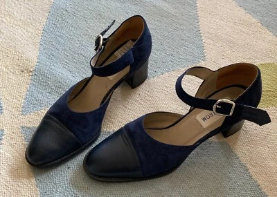 Nordstrom Años 90 Mary Jane Tacón Bloque, Cuero Azul y Gamuza, Hecho en Italia, 9.5 Foto 1 de 4