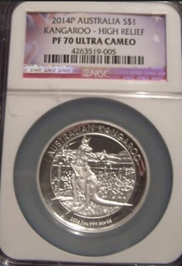 2014 P $1 AUSTRALIA PROOF SILVER KANGAROO NGC PF70 ULTRA CAMEO HIGH RELIEF - Picture 1 of 2