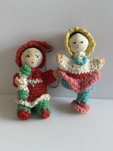 Vintage Crochet Wood Face Girls Skater Figurines Ornaments Set of 2 Folk Art - Picture 1 of 4