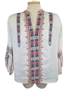 Johnny Was Workshop Top Feminino Extra Pequeno Branco Colorido Bordado Boho  - Imagem 1 de 4