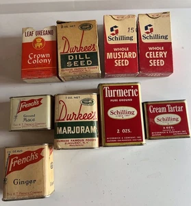 Vintage Lot 9 Gewürzdosen Boxen Crown Colony, Schilling, Durkee's French's - Bild 1 von 4