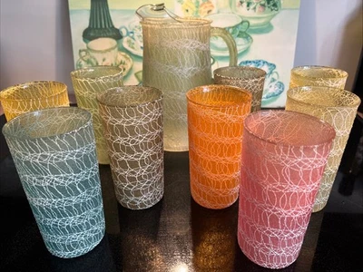VTG MCM Spaghetti String Rubber Coated PITCHER & 9 GLASSES (5.5”) Assort. Colors - Image 1 of 4
