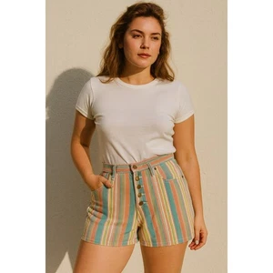 Vintage 80er Denim Jeans gestreift mehrfarbig Knopf Shorts Baumwolle hoher Bund Large - Bild 1 von 9