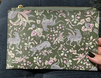 J. CREW Leather Clutch Olive Green Floral & Leopards  Zip Top 8.25  x 5.5" NWT - Image 1 of 4
