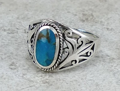 LARGE 925 STERLING SILVER FILIGREE TURQUOISE RING size 13 style# r3405 - Image 1 of 3