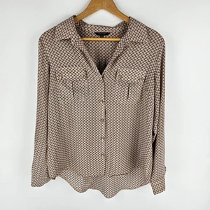 Portmans Shirt Womens 10 Beige Navy Diamond Print Button Up Pockets Long Sleeve - Picture 1 of 8