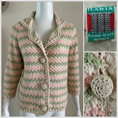 1960s Italian Hand Knit Popcorn Trim Pastel Striped Crochet Cardigan Sweater VTG - Image 1 of 4