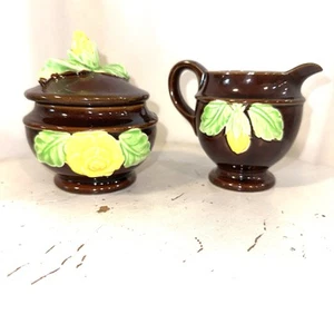 Juego de azucarero y crema Nevco Japón vintage con tapa marrón con flores amarillas - Imagen 1 de 15