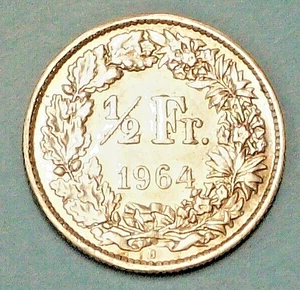SWITZERLAND ( 1 ) COIN  1/2 FRANC  1964 ALMOST UNCIRCULATED   0.8350 SILVER - Picture 1 of 2