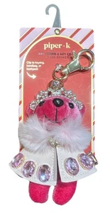 New Piper K Pink Velour Bear Handbag Charm & Key Chain Rhinestone Crystal Crown - Picture 1 of 7