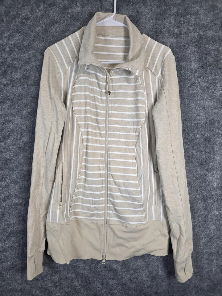 Chaqueta Lululemon Mujer 12 Beige Blanco Rayas Cremallera Completa Atlética Pista de Correr Foto 1 de 4