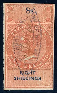 1867 New Zealand 8/ fiscal revenue stamp, Barefoot #44, used, imperforate - Picture 1 of 4