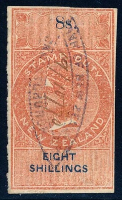 1867 Nueva Zelanda 8/ sello de ingresos fiscales, descalzo #44, usado, imperforado Foto 1 de 4