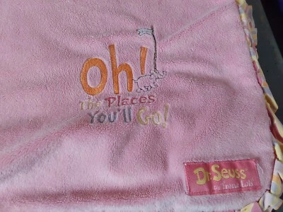Dr. Seuss Oh! The Places You'll Go Baby Blanket Pink Ruffle Embroidered 36x28 - Image 1 of 4