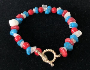 Red White Blue Toggle Bracelet Wire Silver? Cool Stone Beads Quartz Turquoise? - Picture 1 of 10