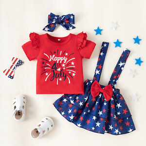 Newborn Baby Girl 4th of July Outfit RuffleT-Shirt Top Star Suspender Skirt Set