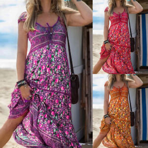 Sommer Strand Boho Kleid Frauen Urlaub V-Ausschnitt Blumenkleid Dünnes ①