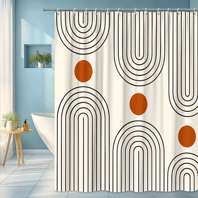 Cortina de Ducha Moderna Negra y Naranja con Diseño Abstracto Foto 1 de 4