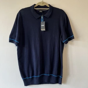 Hugo Boss Emillo Polo Shirt | Men’s L | Half Zip Knitted Top Cotton Navy | New - Picture 1 of 11