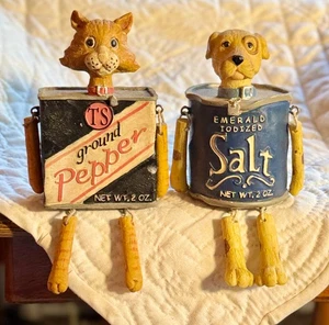 SHELF SITTERS CAT & DOG, WHIMSICAL FIGURES AS SALT & PEPPER LABELED SITTERS, EUC - Picture 1 of 10