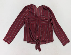 Monteau Women's Top Size L Red Striped Long Sleeve Tie Hem Bohemian - Picture 1 of 11