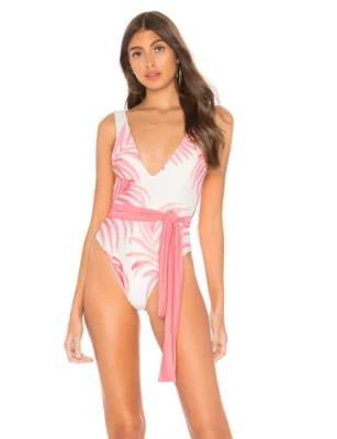 Tularosa Claudia One Piece Swim Medium M White/Pink Palm Plunge V Neck Swimsuit - Image 1 of 4