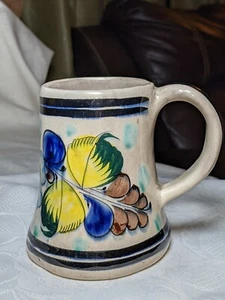 Vintage Tonala Mexico XL 4.75" Pottery Mug Tan Signed CAT 356 Blue Yellow Floral - Picture 1 of 10